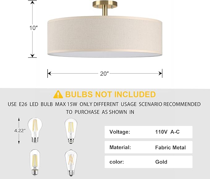 4 Light 20 Inch Semi Flush Mount Close to Ceiling Light Fixture,Off White Fabric Shade Gold Finish for Bedroom,Living Room,Dining Room Hallway