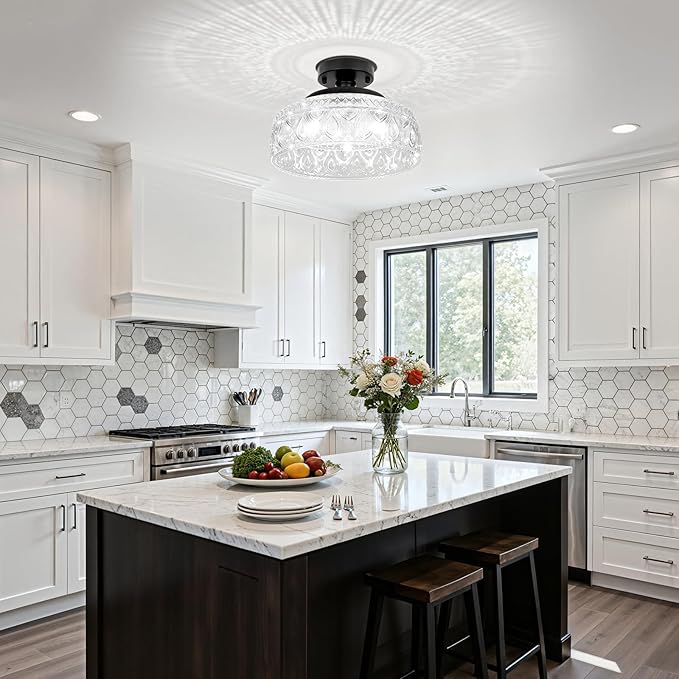 SunRider Semi Flush Mount Ceiling Light Fixture, Modern 3-Light Globe Glass Ceiling Light, Black Vintage Pendant Lamp for Kitchen Hallway Entryway, Bulbs Not Included