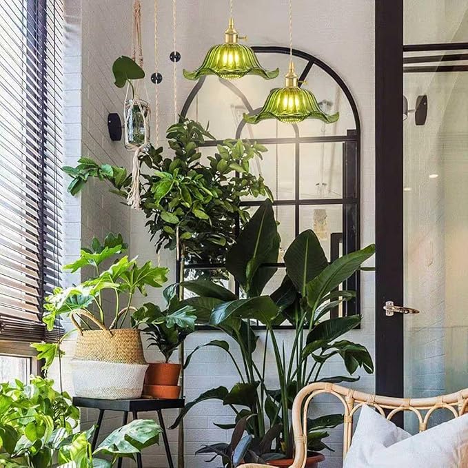 Plug in Pendant Light Vintage 2 Pack, Adjustable Pulley Hanging Lamp with Green Lily Glass Shade, Brass Hanging Lights with Plug in Cord for Kitchen, Compatible with Indoor Plant Grow Light Bulbs