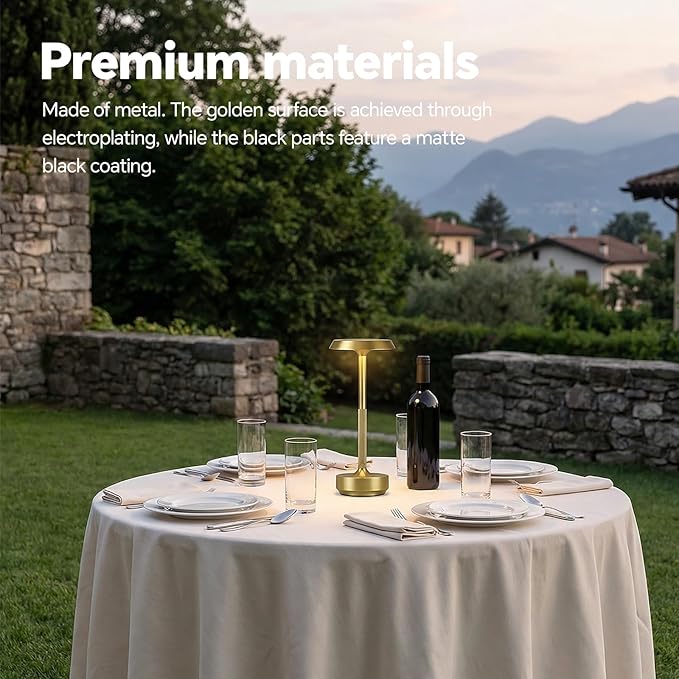 Mevnxi Cordless Table Lamp, Portable LED Desk Lamp, 5000mAh Battery Operated, 3 Color Stepless Dimming Up, for Restaurant/Bedroom/Bars/Outdoor Party/Camping/Coffee Shop Atmosphere Night Light(Gold)