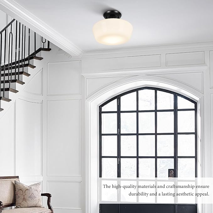 Schoolhouse Style Semi Flush Mount Ceiling Light with Dimmable Bulb Remote Control, 12" Modern Gold Hallway Ceiling Lamp with Opal Milk Glass Shade, Farmhouse Globe Light for Bedroom Kitchen Laundry
