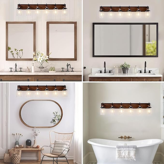 Lanhall 6-Light Farmhouse Bathroom Light Fixtures Vintage Bathroom Vanity Lights Over Mirror Black and Wood Painted Metal Vanity Light for Bathroom with Glass Shades E26 Socket