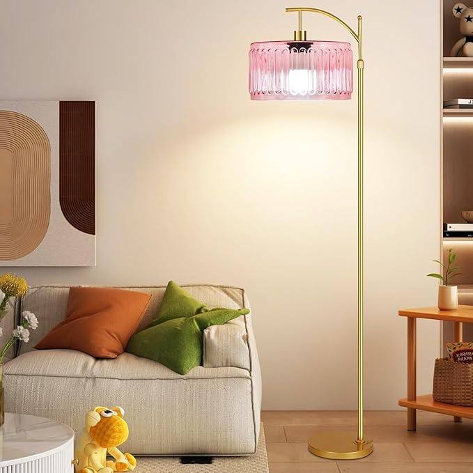 QIYIZM Pink Floor Lamp for Living Room,Bedroom,Gold Dimmable Standing Lamp with Remote,Mid Century Modern Brass Tall Lamp Boho Floor Lamps Arc Stained Glass Flower Floor Light Lamp Girls kids Bohemian