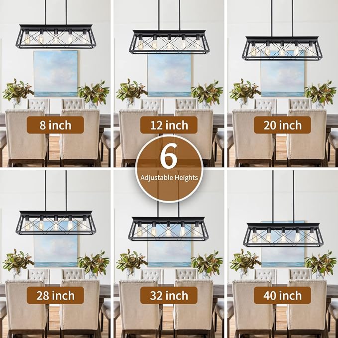 Farmhouse Chandeliers for Dining Room, Rustic Kitchen Island Light Fixture, 5-Light Linear Pendant Lighting Rectangular Chandelier, Metal Solid Ceiling Lights Black