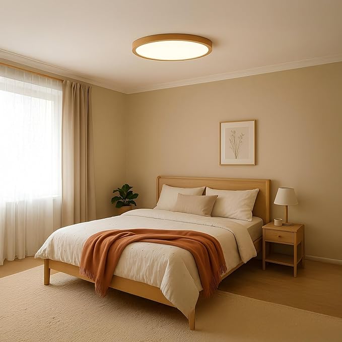 Ultra-Thin LED Ceiling Light Fixture 16.53", Handcrafted Walnut Wood Modern Wabi-Sabi Style, Slim 2.5cm Profile, 37W LED 3000K-4000K-6000K, Round Minimalist Lamp for Bedroom Kitchen Hallway