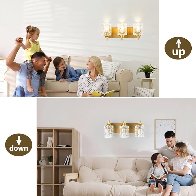 Bathroom Light Fixtures, 3-Light Brushed Gold Vanity Light Over Mirror with Crystal Glass Shades, Bathroom Wall Lights for Mirror Kitchen Bedroom Hallway Living Room