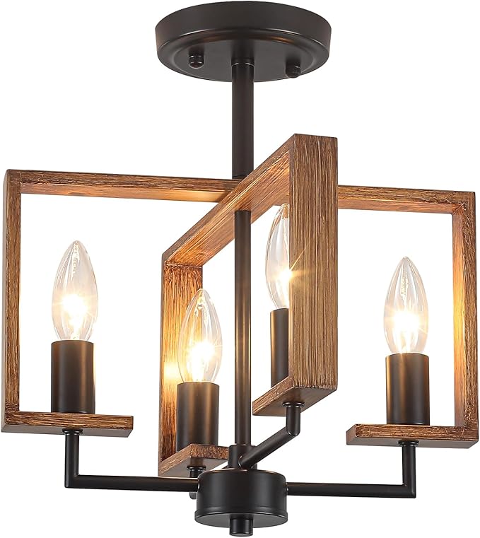 4-Light Farmhouse Ceiling Light, Semi Flush Mount Ceiling Light Fixture, Kitchen Island Lighting Rustic Wood Metal Geometric for Hallway Dining Room Entryway Laundry Bedroom