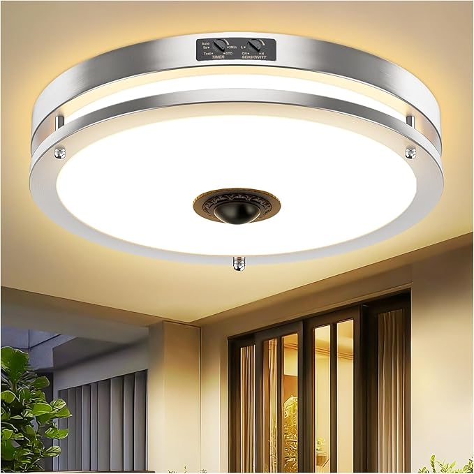 24W LED Motion Sensor Outdoor Ceiling Light, 12IN 2700K/3000K/3500K/4000K/5000K Adjustable Ceiling Lights, Dusk to Dawn Flush Mount LED Ceiling Light Fixture for Porch, Garage, Nickel