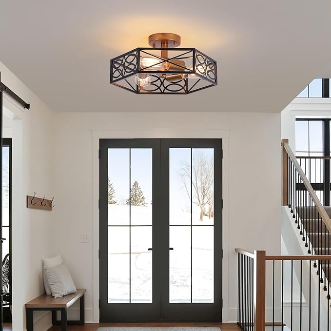 Industrial Semi Flush Mount Ceiling Light Fixture, Retro Gold Close to Ceiling Light with Black Metal Hexagon Cage, Vintage Farmhouse 3-Light Ceiling Lamp for Kitchen, Hallway, Bathroom