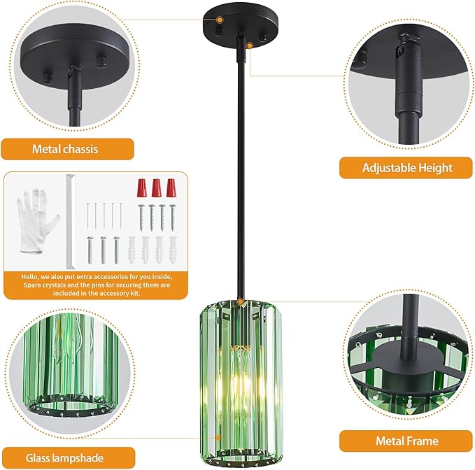 Modern Crystal Pendant Light Mini Light Green Chandeliers Adjustable Pendant Lights Fixture for Kitchen Island Dinning Room Corridor Bedroom(Light Green 3-Pack)