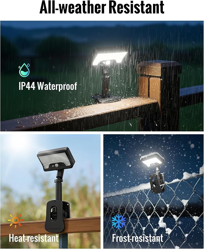 Clip On Solar Lights Outdoor, 3 Modes Motion Sensor Security Light 2 Pack | 92 LED 500LM with Type-C Charging, Waterproof, Chain Link Fence Lights for Deck, Railing, Garden, Gutter, Mailbox, Camping