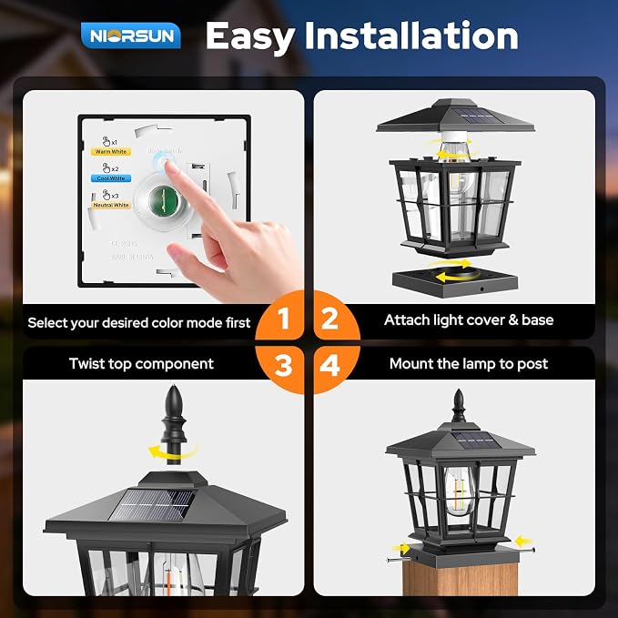 NIORSUN Solar Post Lights Outdoor, Fence Post Solar Lights with 3 Color Temperatures, Edison LED Bulbs Garden Patio Fence Deck Decor, 4x4 Posts Caps, 4x4, 5x5 Wooden & Vinyl (2 Pack,Black)