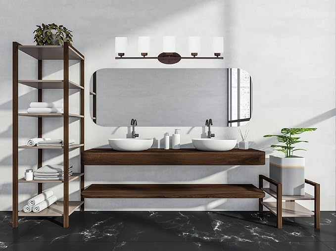 HomePlace Lighting 115251BZ-338 Dixon Modern Soft White Glass Bathroom Vanity Wall Light, 5-Light 500 Total Watts, 9" H x 37" W, Bronze