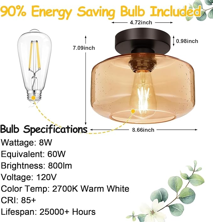 Lynnoland Industrial Semi Flush Mount Ceiling Light, Amber Seeded Glass Shade Ceiling Light Fixture, Light Fixture for Hallway Bathroom Bedroom, Vintage Hanging Light Fixtures