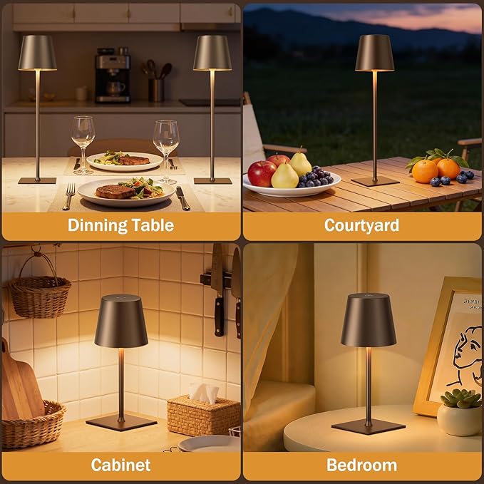 Brown Cordless Rechargeable Table Lamp, 2 Pack Portable Desk Lamp with 5000mAh Battery, Touch Control Stepless Dimming, Wireless Night Light for Dining, Outdoor Camping, Coffee Shop, Waterproof Design