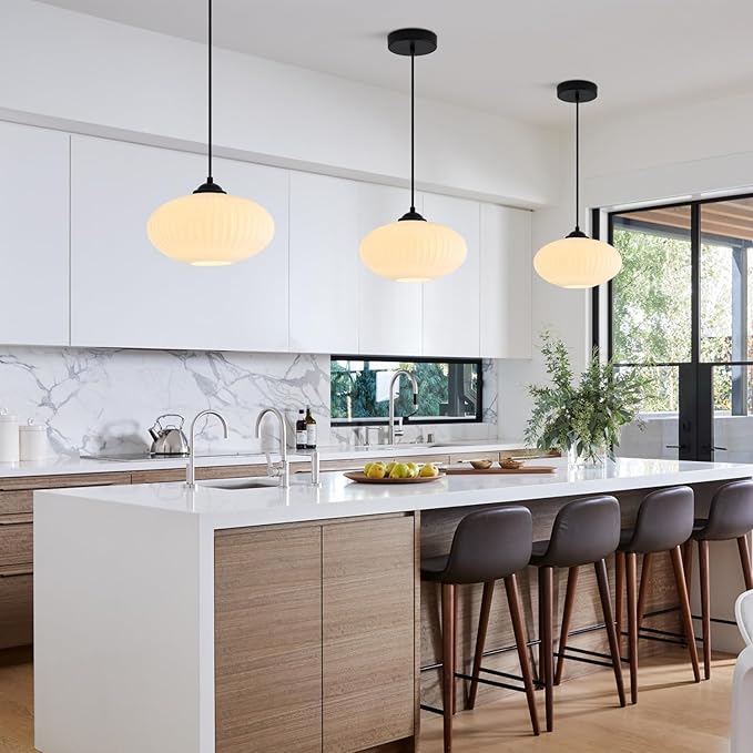 KCO Lighting 9.8" Small Milk Glass Pendant Light Black and White Pendant Light Mid Century Modern Hanging Ceiling Light Fixture