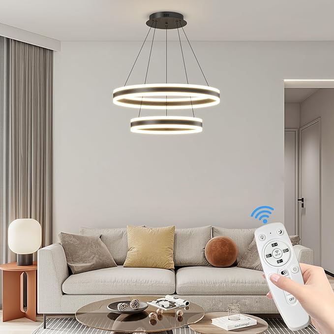 LED Modern Pendant Chandelier, 2 Ring Circular Black Ceiling Pendant Light Fixture, Dimmable 3000K-6500K, Adjustable Flush Mount Hanging Lights for Dining Room, Kitchen Island, Living Room, Office