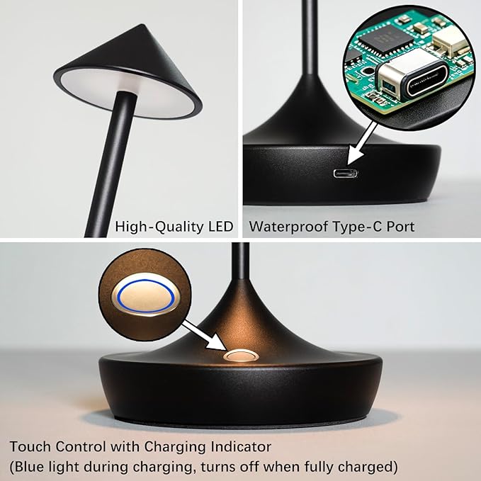 2-Pack Cordless Rechargeable LED Table Lamps, Metal, 3 Color Touch Stepless Dimmable, IP54 Waterproof Portable Battery Operated for Outdoor Dining Patio Restaurant Home Decor, Mocha