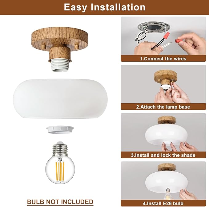 Mid-Century Modern Semi Flush Mount Ceiling Light, Faux Wood Kitchen Ceiling Light Fixture with Glass Shade, Mini White Close to Ceiling Lamp for Entryway Hallway Bathroom (11.0 Inch)