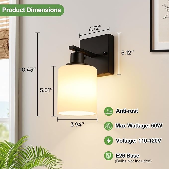 MOKATNG Set of 2 Wall Sconces for Bathroom,Black Modern Vanity Lights with White Glass Shade,Bathroom Wall Lamp for Mirror Kitchen Living Room Hallway Cabinet Porch