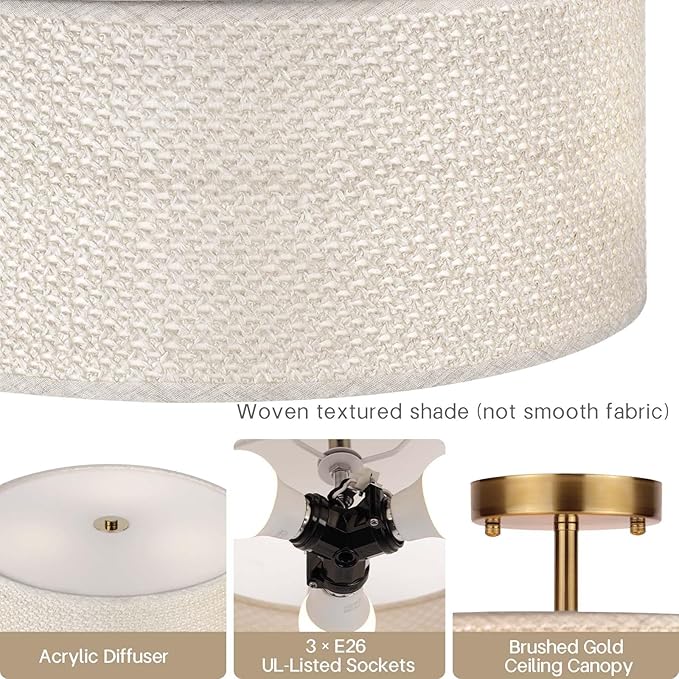 13" Boho Rattan-Style Semi Flush Mount Ceiling Light Fixture, 3-Light Modern Fabric Shade Drum Lamp, White Rustic Lighting for Bedroom, Kitchen, Dining Room, Living Room, Hallway, Entryway