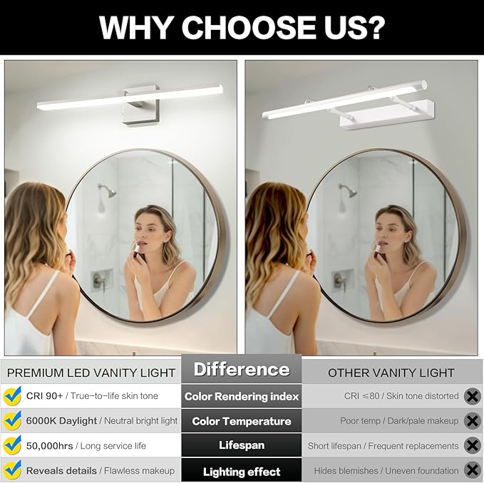 ZUZITO 24 Inch Bathroom Light Fixtures Over Mirror Brushed Nickel Arm Design Wide LED Vanity Bar 5CCT 2900K 6000K 18W 1440lm