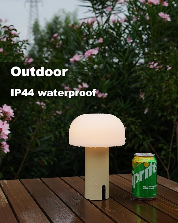 WEILAILUX Cordless Mushroom Table Lamp, Waterproof Shower Lamp, Battery Operated Table Lamp Rechargeable, Touch Dimmable Night Light for Bedroom/Patio/Camping/Dinning/Outdoor (Khaki)