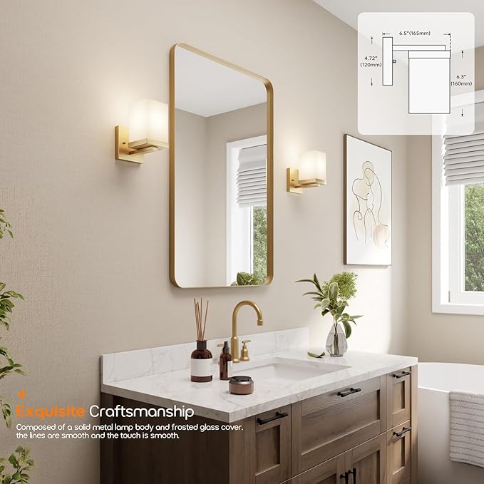 Vanity Lighting Fixtures with White Frosted Glass Shade, Brushed Gold Wall Lamps Over Bathroom Mirror for Bedroom Living Room Porch, 2 Pack T003GD-L1-P2