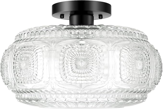 Semi Flush Mount Ceiling Light, Upgraded 12 inch Larger Black Glass Ceiling Light Fixture, Vintage Lighting for Hallway Kitchen Bedroom Dining Room, Bulb Not Included