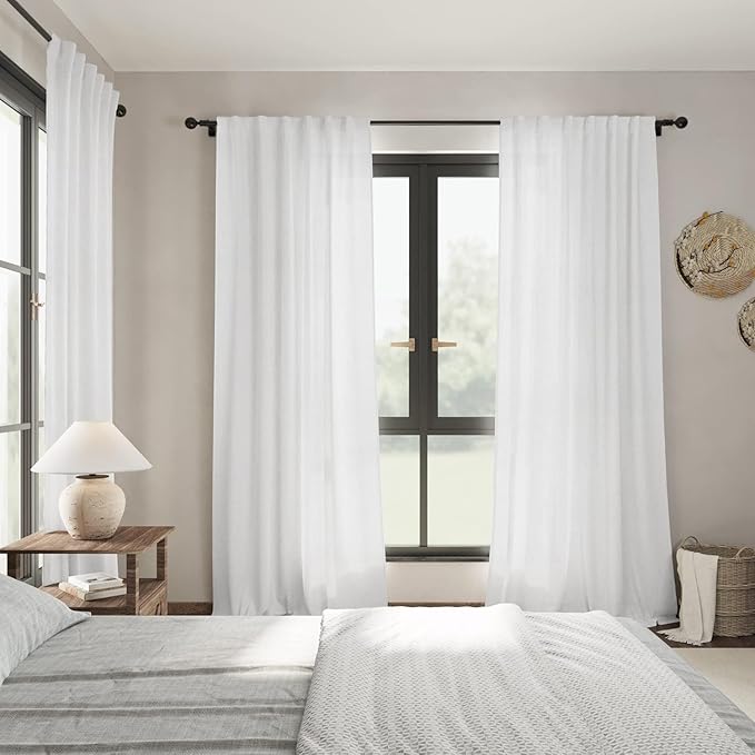Nanspring White Linen Curtains 70 Inches Long 2 Panels Set Back Tab Rod Pocket Light Filtering Semi Sheer Linen Textured Elegant Farmhouse Airy Privacy Drapes for Bedroom Children Living Room 52x70
