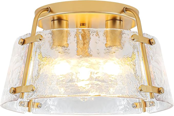 Gold Semi Flush Mount Ceiling Light 3-Light Modern Hammered Glass Chandelier Entryway Light Fixtures Kitchen Lighting Close to Ceiling Lights for Hallway Dining Room Bathroom Bedroom Foyer