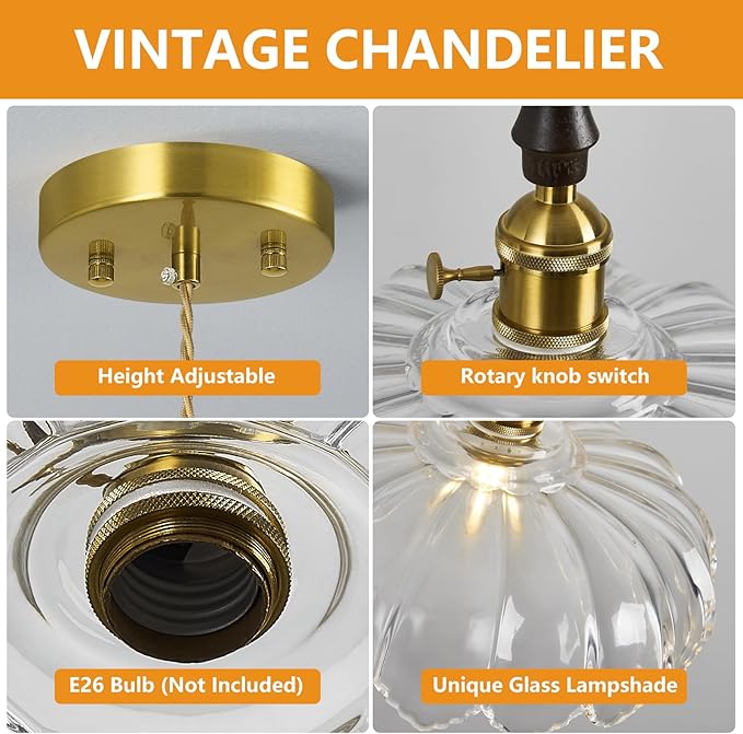 Modern Clear Glass Pendant Light Retro Flower Glass Hanging Lamp Gold Brass Decorative Adjustable Ceiling Hanging Light Suitable for Kitchen Island Bedroom Dining Room Living Room