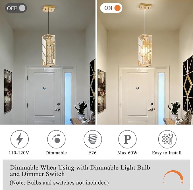 Gold Pendant Lights Kitchen Island, Adjustable Modern Pendant Light Fixtures 1 Pack, Mini Crystal Chandeliers for Dining Room Bedroom Foyer Hallway