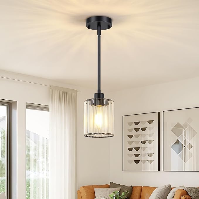1 Pack Black Pendant Light, Modern Kitchen Island Lighting with Clear Crystal Shade, Adjustable Height Rods Hanging Light Fixtures, Mini Ceiling Pendant Lights for Sink Dining Table Hallway