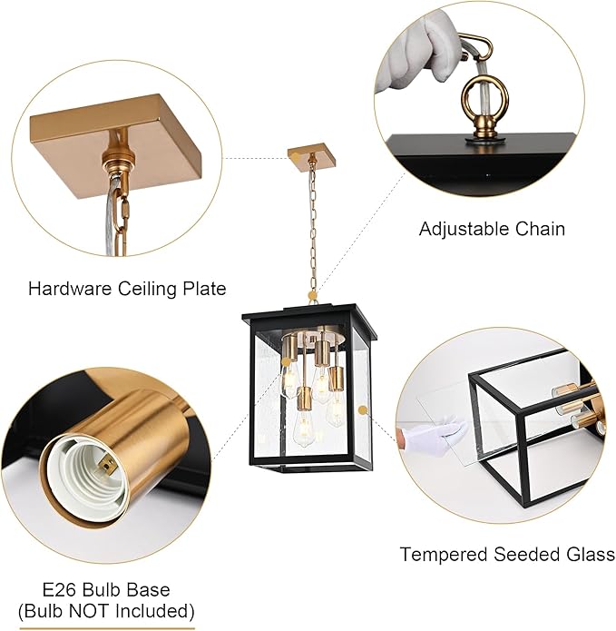 TODOLUZ 4-Lights Large Outdoor Pendant Light Fixture, Waterproof Porch Hanging Lighting with Adjustable Chain Seeded Glass Panel & E26 Bulb Base for Porch Patio Garden