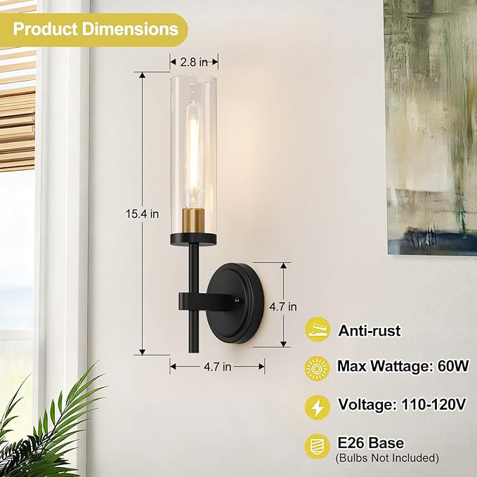 MOKATNG Wall Sconces Set of Two, Black and Gold Bathroom Sconces with Clear Glass, Hardwired Sconces Wall Decor Set of 2, Modern Wall Light Fixtures for Bathroom Mirror Living Room Bedroom Hallway