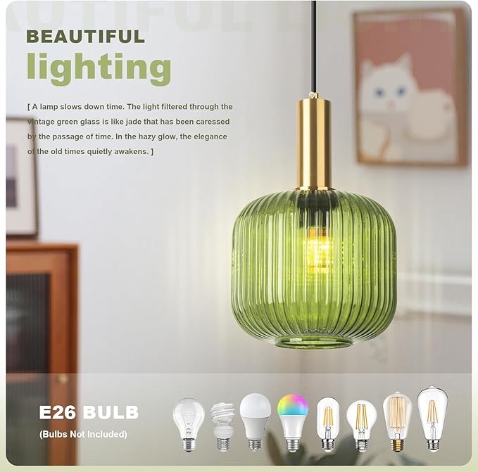 Plug in Pendant Light 2 Pack Green Glass Hanging Lamp Plug in Hanging Light Fixture with Cord 14.7 ft, Mid Century Modern Gold Pendant Lighting for Kitchen Island Dining Room Bedroom Set of 2
