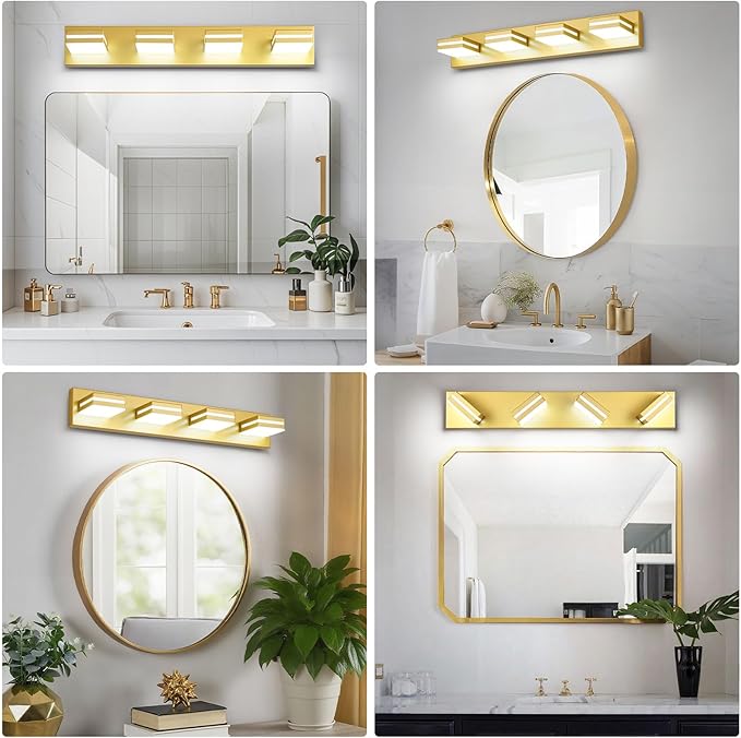 Modern LED Bathroom Lights Fixtures 4-Light,Metal Gold Acrylic Wall Lighting,Vanity Lights for Bathroom Over Mirror 6000k 27in