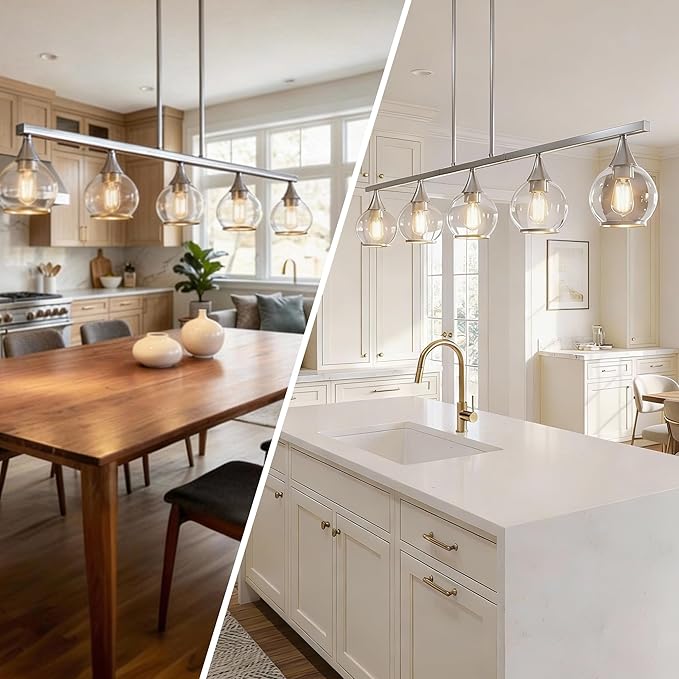 Kitchen Island Linear Pendant Light, 5-Light Modern Chandelier with Clear Glass Globe Shades, Linear Lighting Fixture Over Dining Table, Brushed Nickel