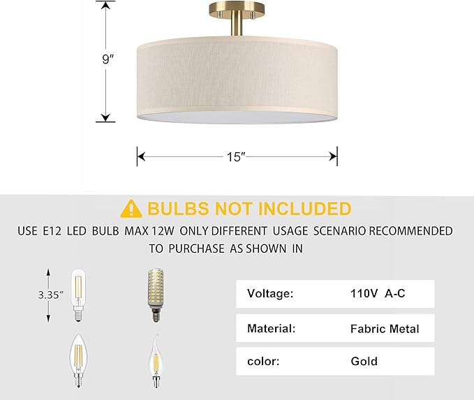 3 Light 15 Inch Semi Flush Mount Close to Ceiling Light Fixture,Off White Fabric Shade Gold Finish for Bedroom,Living Room,Dining Room Hallway