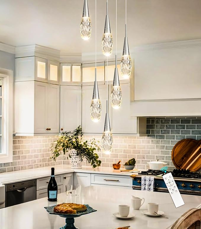 6-Lights Adjustable Pendant Lights for Kitchen Island LED Dimmable Light Fixture Modern Glam Crystal Hanging Lighting for Dining Room Bedroom Silver
