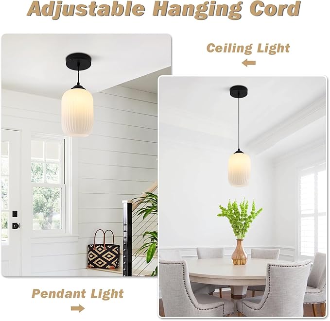 KCO Lighting Small Black Pendant Lighting Striped Glass Pendant Light Milk Glass Pendant Lights Kitchen Island Modern Farmhouse Hanging Pendant Light for Dining Room Living Room