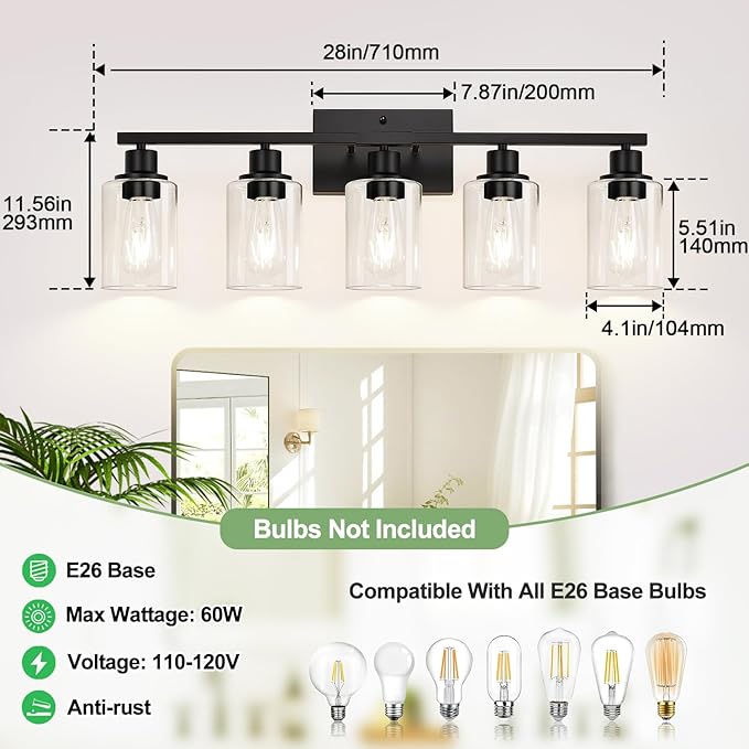 Indoi 5-Light Bathroom Light Fixtures, Matte Black Modern Vanity Lights with Clear Glass Shades, Bathroom Vanity Light for Mirror Living Room Cabinet Bedroom Porch