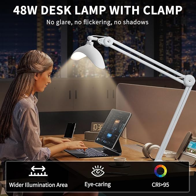48W Eye-Caring LED Clip On Desk Lamp, 2700K/4200K/5600K with Remote, Curved Design for Focused Lighting, CRI 95+ for Nail, Crafting, Painting, Hobby & Computer