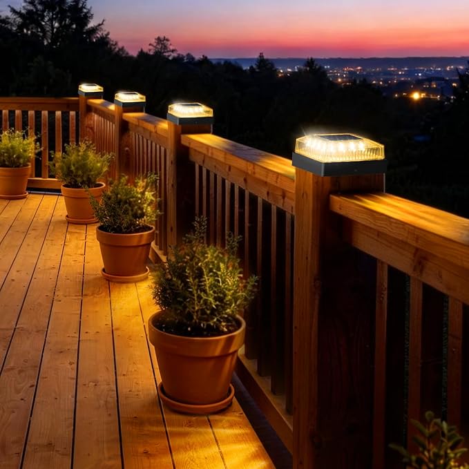 Solar Post Cap Lights, 12-Pack Fence Post Solar Lights for 4x4 Wood/Vinyl Posts, IP65 Waterproof, 10-12 Hours of Illumination with 3 Lighting Modes for Garden/Patio/Porch - Black