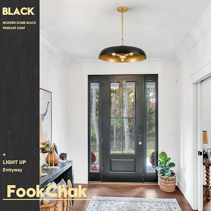 Large Pendant Light 20in Black and Gold Dome Pendant Lights 3 Light Socket Pendant Light Fixture with Adjustable Pendant Lighting for Kitchen Island Dining Room Kitchen Sink, E12