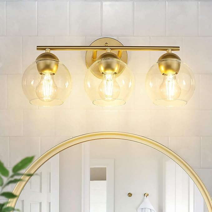 Emak 3-Light Gold Bathroom Light Fixtures Over Mirror, Globe Clear Glass Bathroom Vanity Lights, VL114-GDL-3