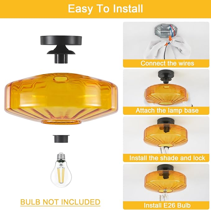 Semi Flush Mount Ceiling Light, 11.8" Mid Century Modern Close to Ceiling Light Fixtures with Amber Glass Shade, 1-Light Vintage Drum Lights for Bedroom Kitchen Entryway Hallway Porch Foyer