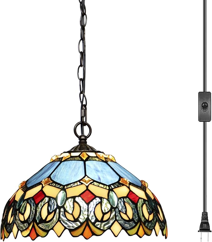 Tiffany Pendant Light Plug in Stained Glass Hanging lamp 12X12X181 Inch Hanging Lamp Living Room Bedroom Kitchen Dining Room Office(Blue Baroque Style