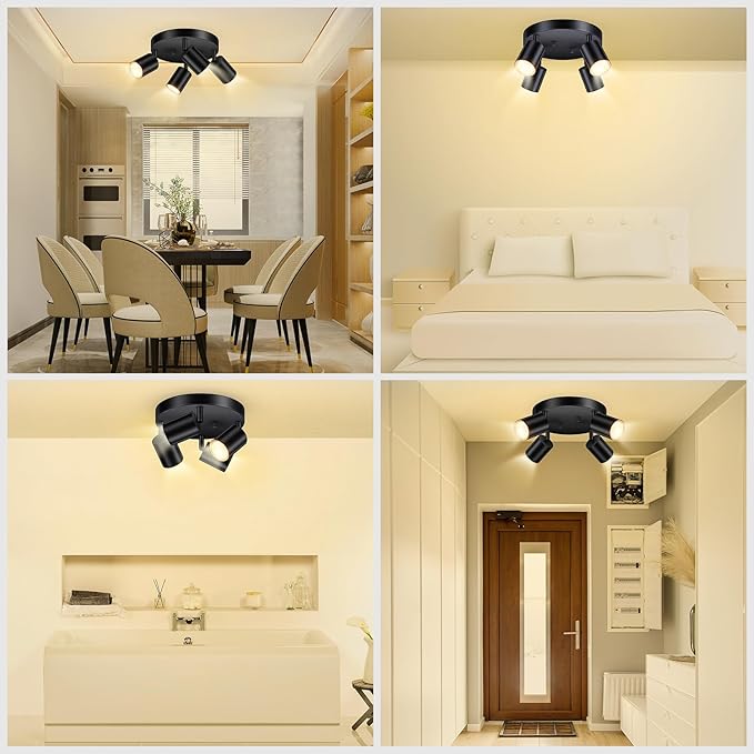 LED 4 Light Track Lighting Kit, LED Track Lighting Fixtures, Black Round Ceiling Spot Lighting, Flexibly Rotatable Light Head for Kitchen, Living Room, Bedroom, GU10 Bulb Not Included